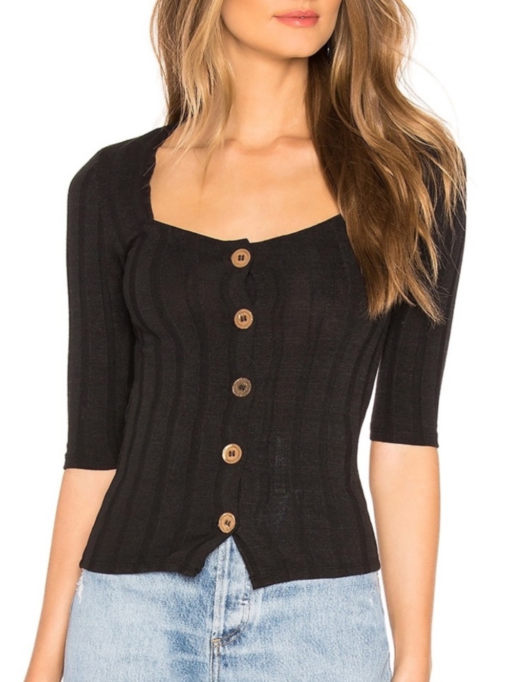 Free People Central Park Top Small Black Ribbed Button Front Square Neck Y2K 90s